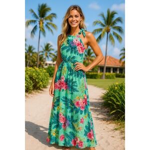 Lucy in the Sky Floral Halter Maxi Dress 42 Tropical Print Tie Neck Summer